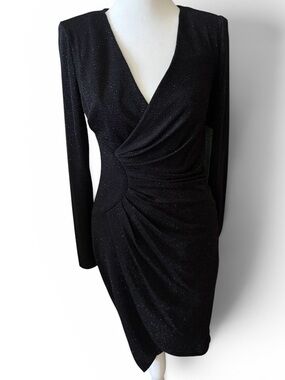 J&H Black Sparkle Draped V-Neck Long Sleeve Evening Dress (NWT)